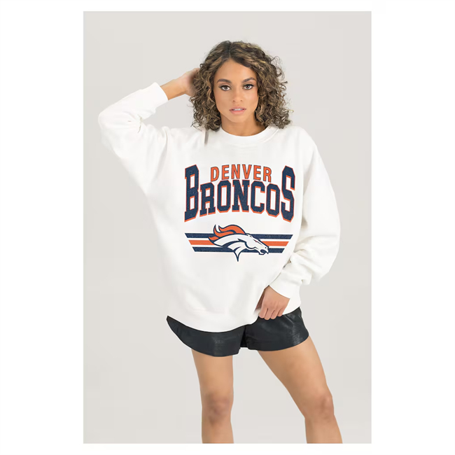 Women's Denver Broncos Gameday Couture White Sunday Drives Oversized Crewneck Pullover Sweatshirt(Run Small)